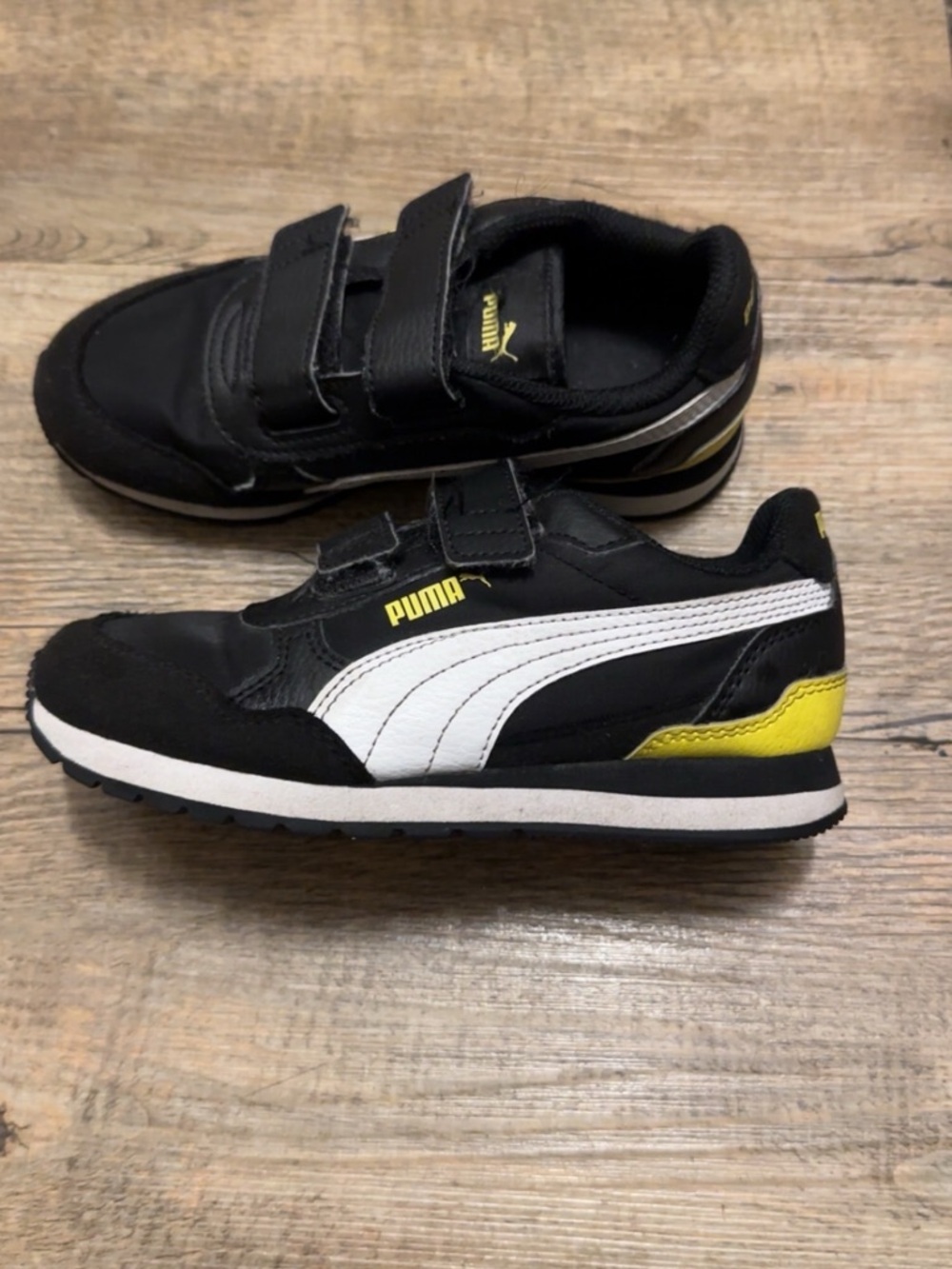 Puma Kids Black White Sneakers with Yellow Accent